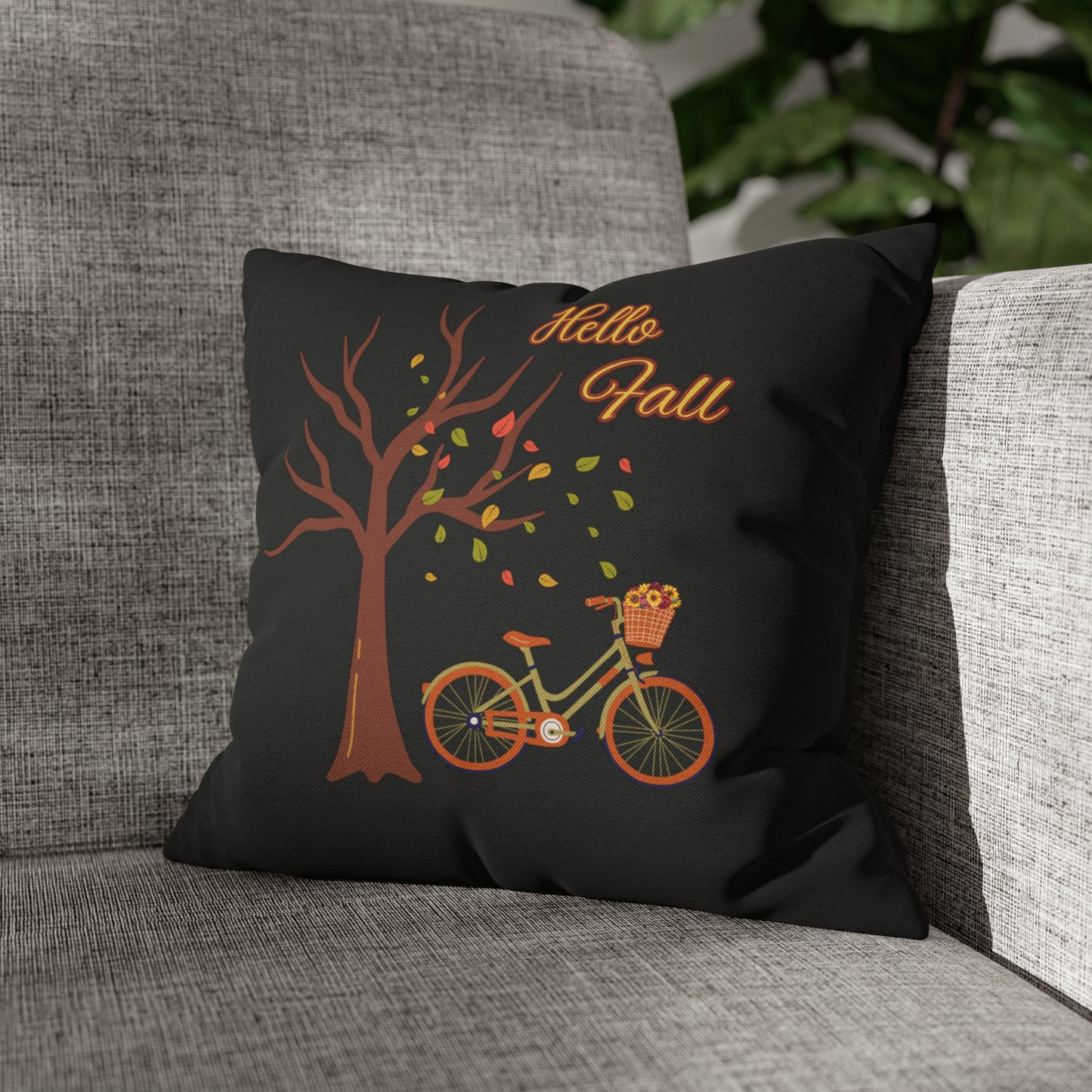 HELLO FALL!! Falling Leaves, Black Spun Polyester Square Pillow Case
