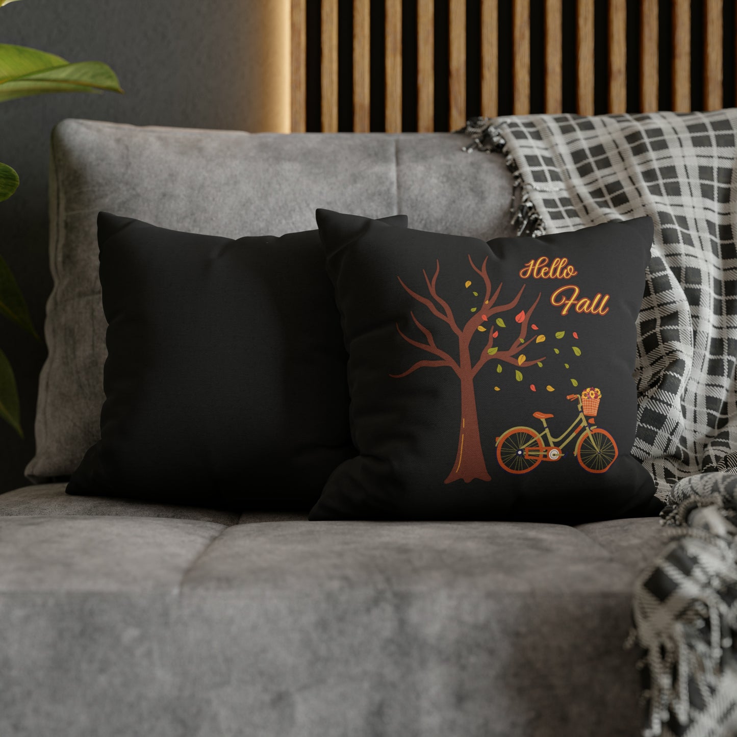 HELLO FALL!! Falling Leaves, Black Spun Polyester Square Pillow Case