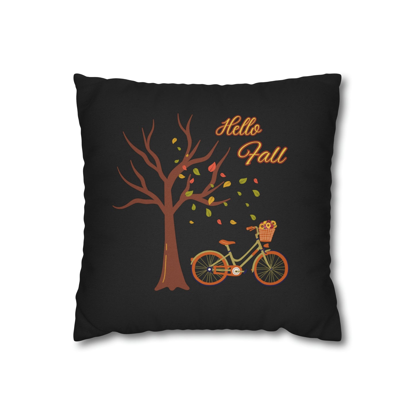 HELLO FALL!!  Falling Leaves, Black Spun Polyester Square Pillow Case