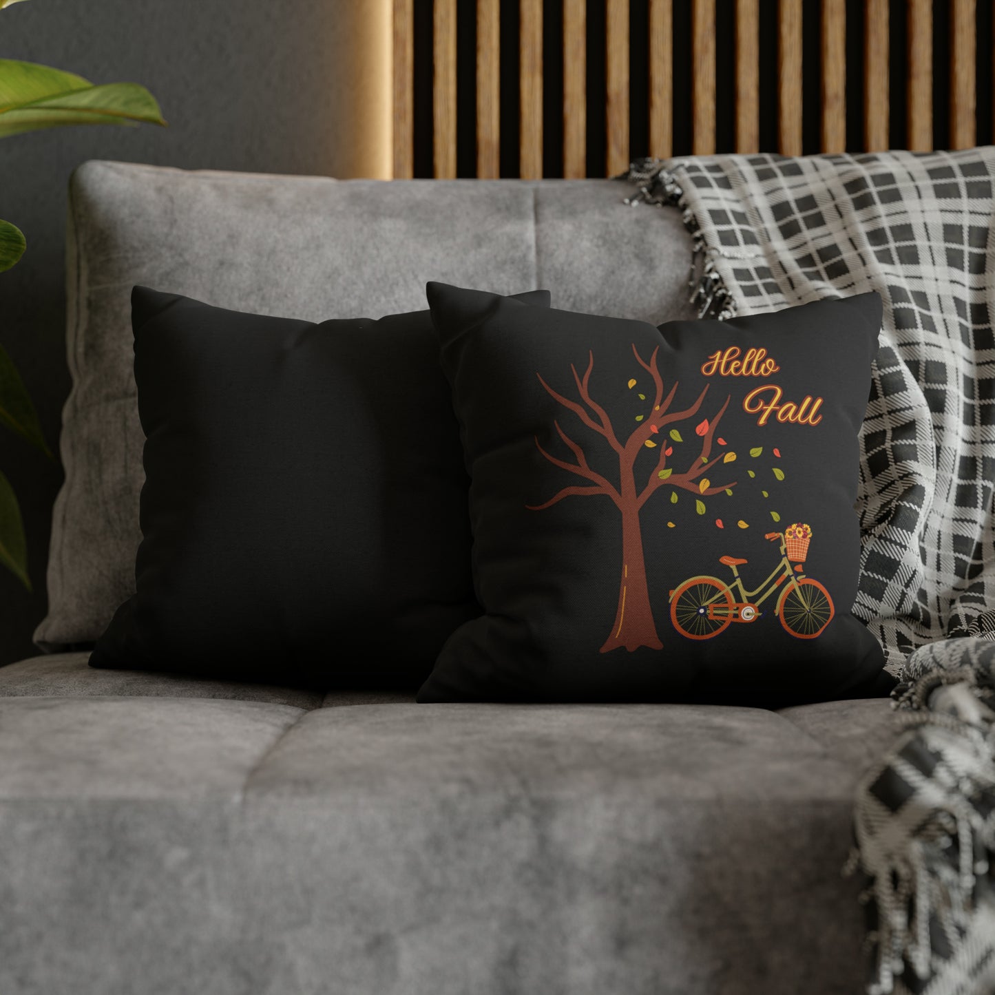 HELLO FALL!!  Falling Leaves, Black Spun Polyester Square Pillow Case